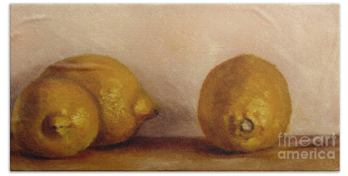 Lemon Beach Towel featuring the painting 3 Lemons by Ulrike Miesen-Schuermann