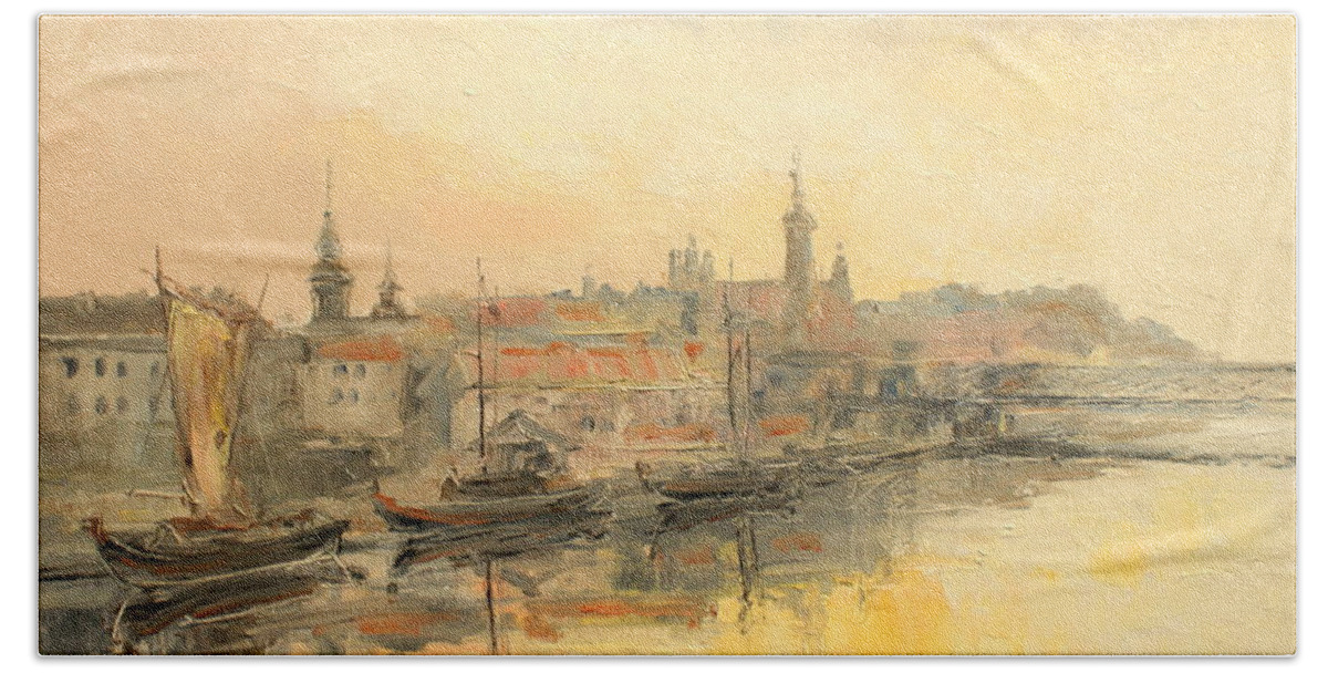 Warsaw Beach Towel featuring the painting Old Warsaw - Wisla river #3 by Luke Karcz