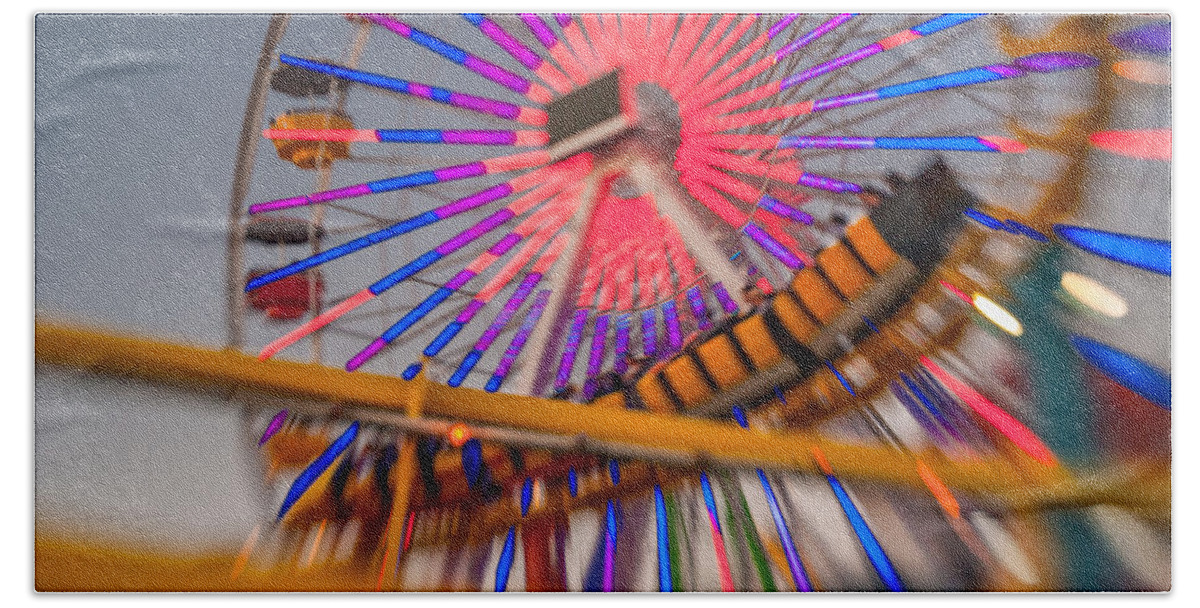 Amusement Park Beach Towel featuring the photograph Santa Monica Pier Ferris Wheel and Roller Coaster at Dusk #1 by Scott Campbell
