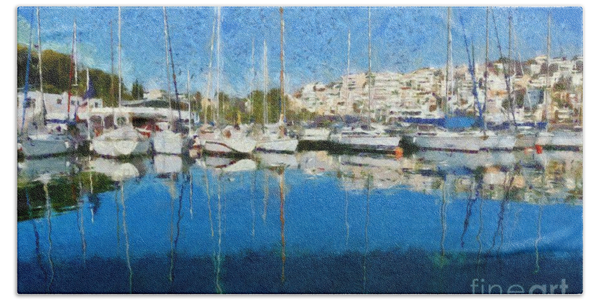 Mikrolimano Beach Towel featuring the painting Reflections in Mikrolimano port #24 by George Atsametakis