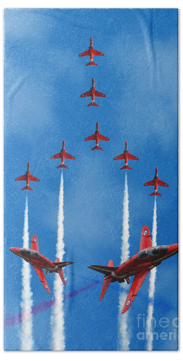 The Red Arrows Beach Towel featuring the digital art The Red Arrows by Airpower Art