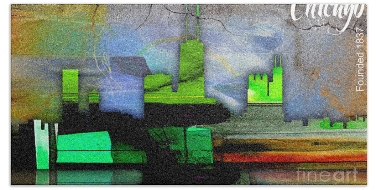 Chicago Art Beach Towel featuring the mixed media Chicago Skyline Watercolor #4 by Marvin Blaine
