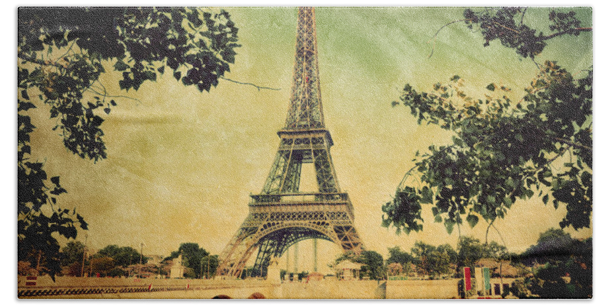 Eiffel Beach Towel featuring the photograph Eiffel Tower and bridge on Seine river in Paris #5 by Michal Bednarek