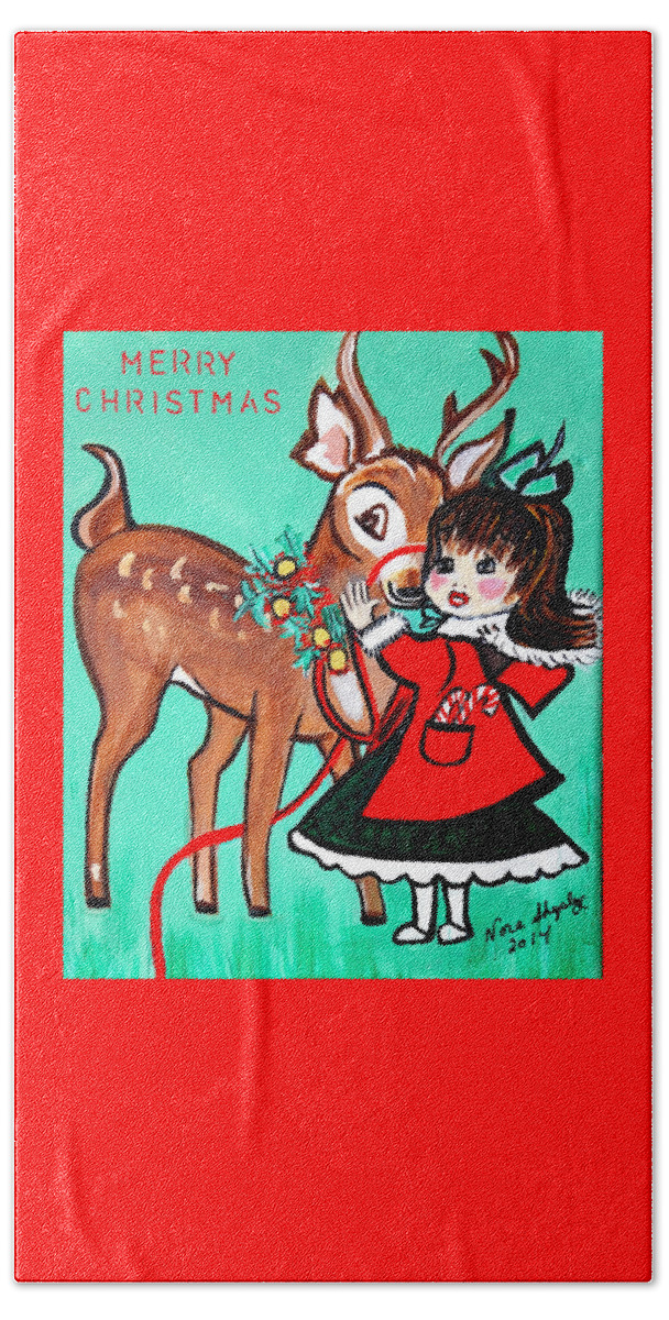 Little Girl With Reindeer Beach Towel featuring the painting Little Girl With Reindeer by Nora Shepley