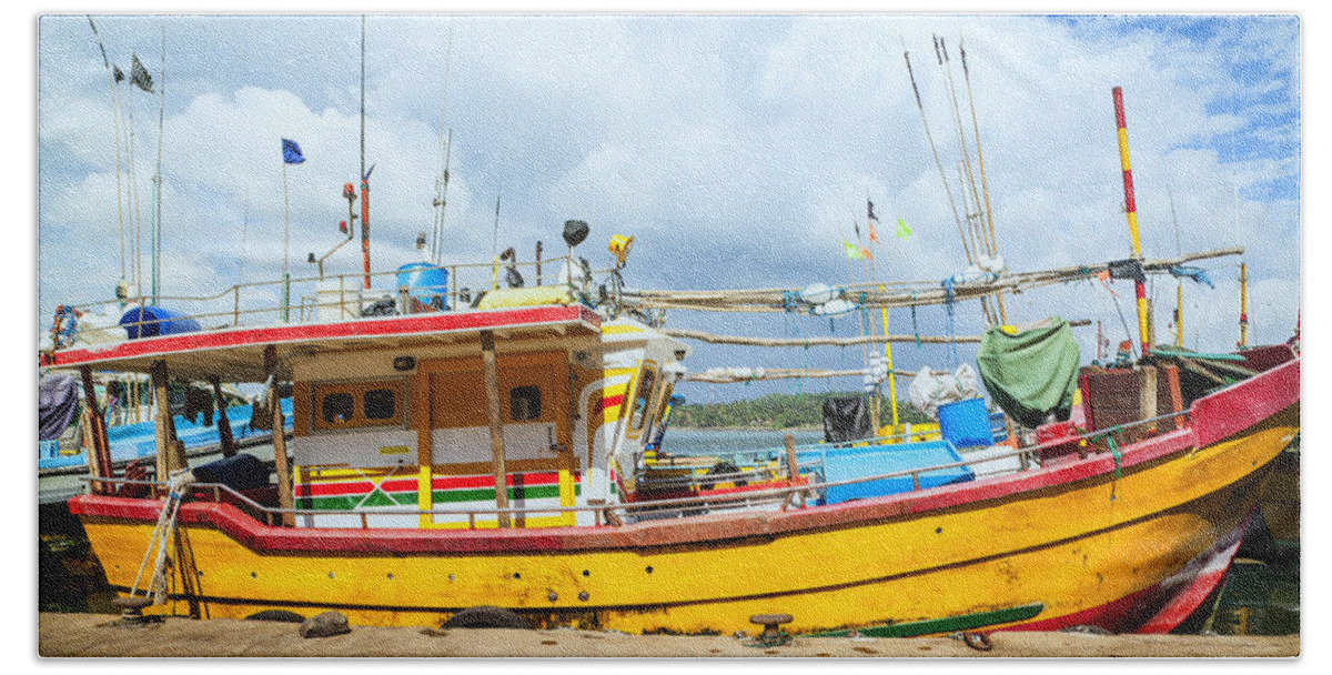 Harbor Beach Towel featuring the photograph boats in the harbour of Mirissa on the tropical island of Sri Lanka #1 by Gina Koch