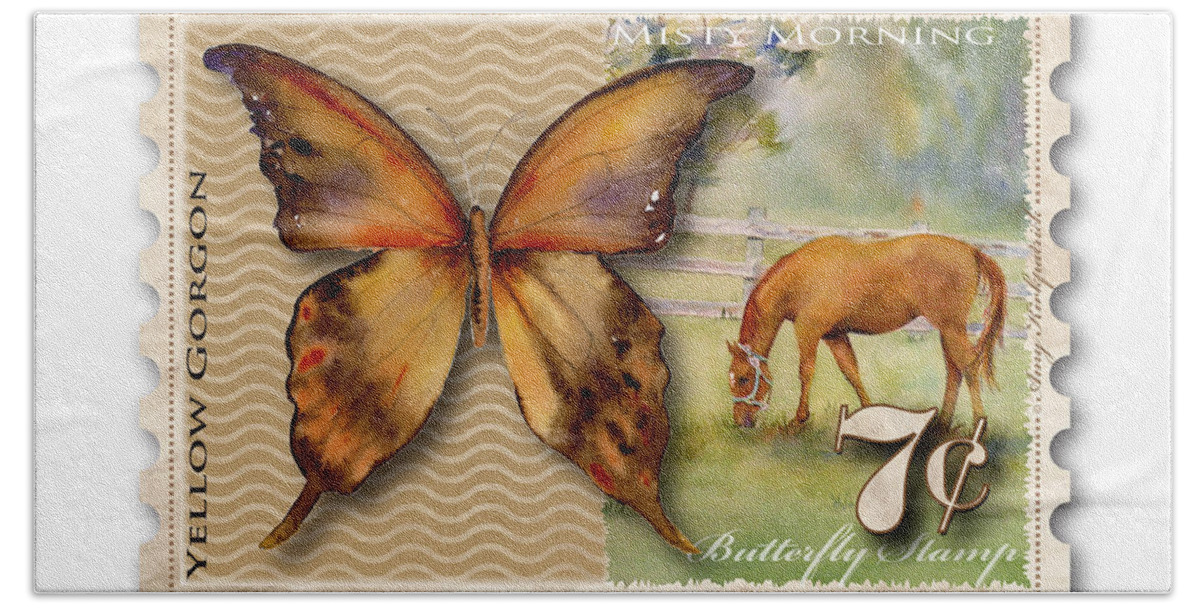 Yellow Beach Towel featuring the painting 7 Cent Butterfly Stamp by Amy Kirkpatrick