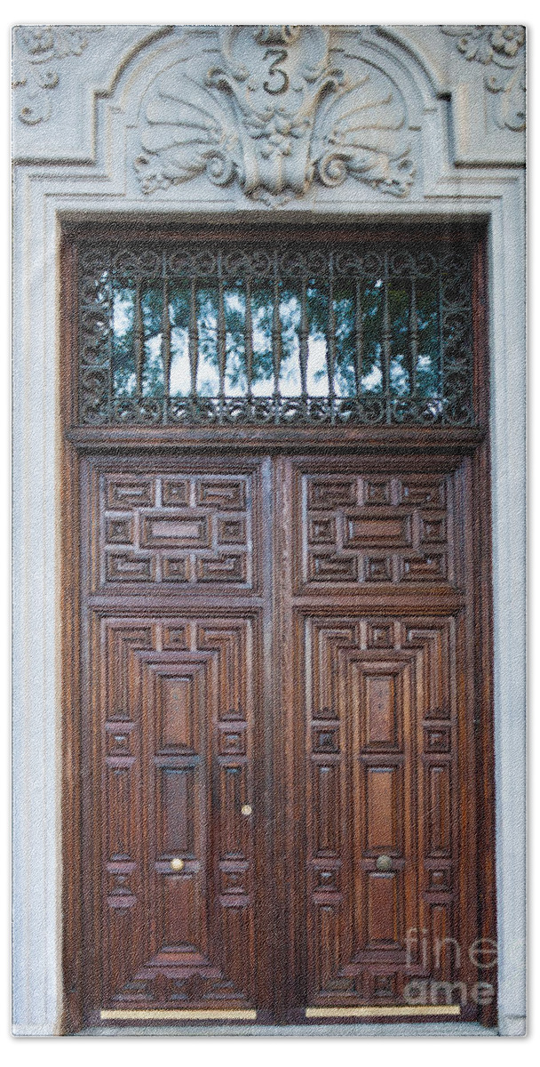 Architecture Beach Sheet featuring the photograph Distinctive Doors in Madrid Spain #7 by Thomas Marchessault