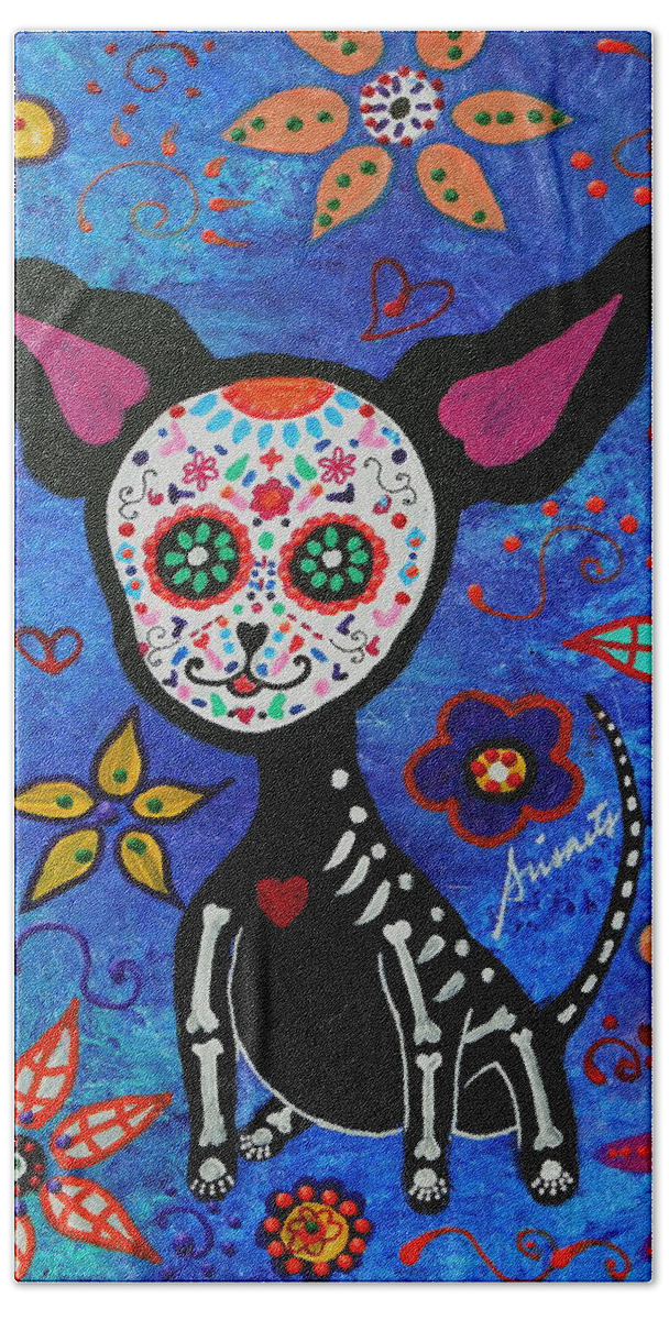 Day Of The Dead Beach Towel featuring the painting Chihuahua Dia de los Muertos #4 by Pristine Cartera Turkus