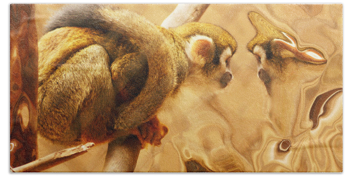 Squirrel Monkey Beach Towel featuring the photograph Mirrored by Daniele Smith