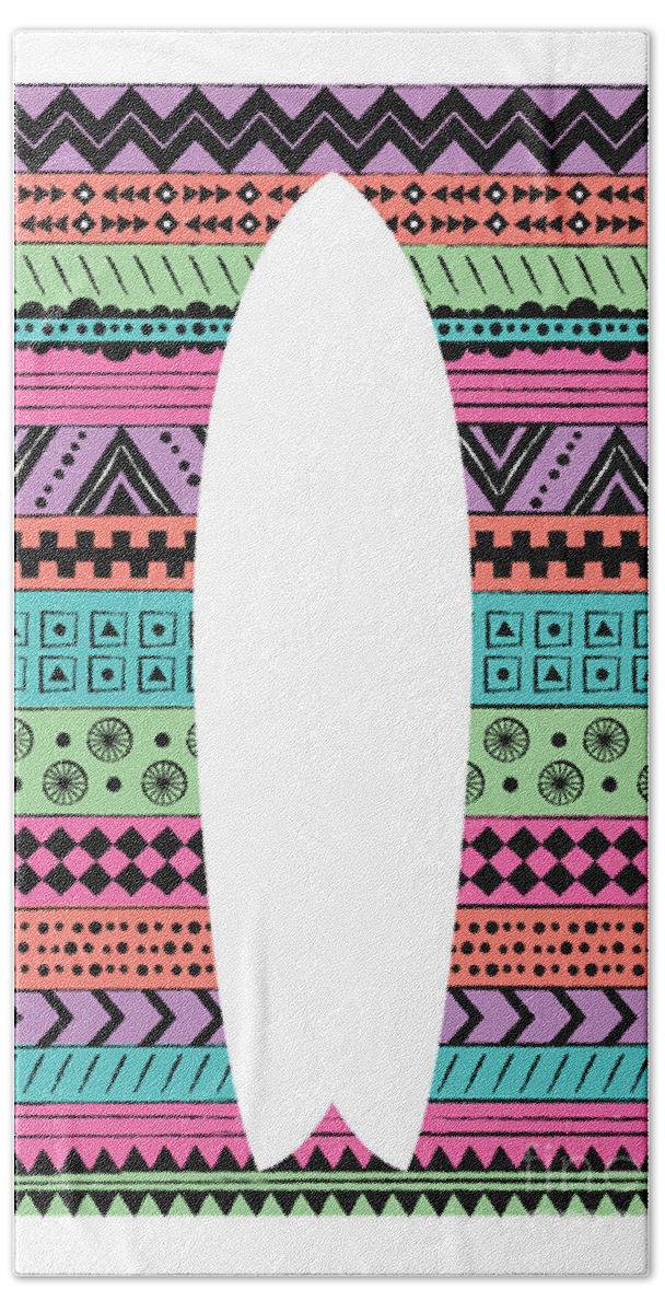 Surf Board Beach Towel featuring the digital art 80s Fish Surfboard by MGL Meiklejohn Graphics Licensing