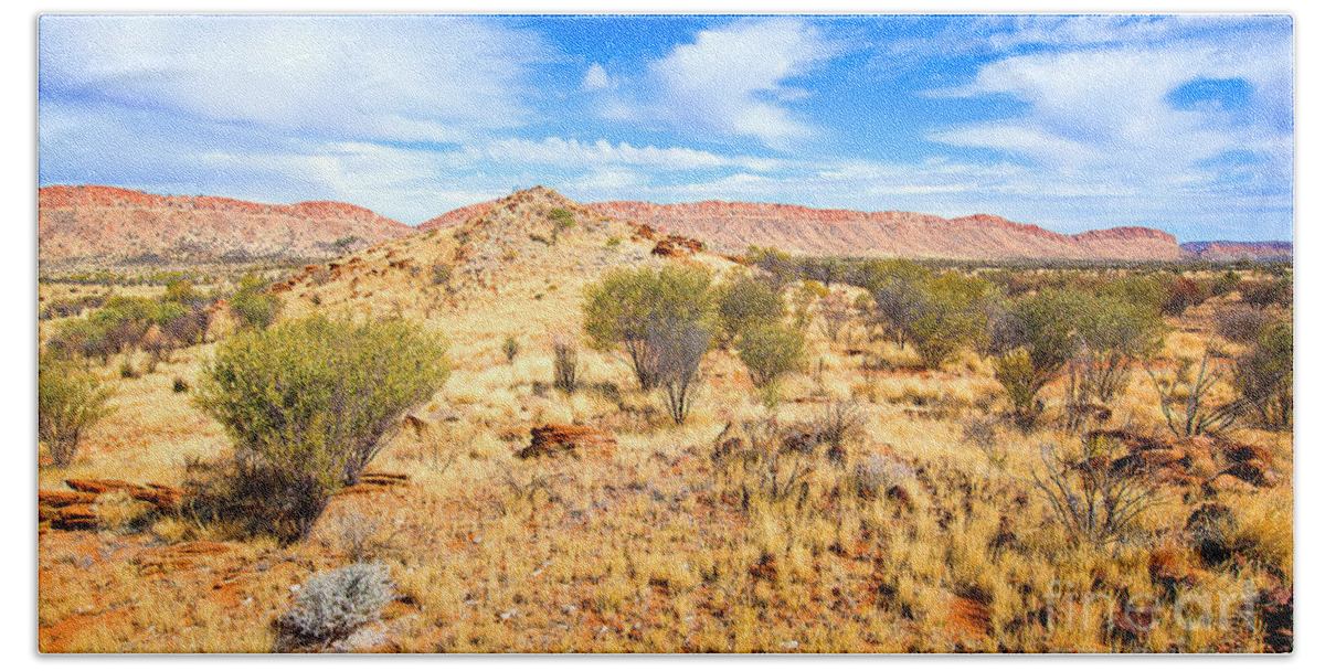 Central Australia Landscape Outback Water Hole West Mcdonnell Ranges Northern Territory Australian Landscapes Ghost Gum Trees Larapinta Drive Beach Towel featuring the photograph West McDonnell Ranges Larapinta Drive by Bill Robinson