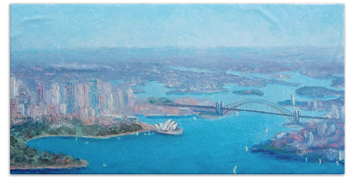 Sydney Harbour Beach Sheet featuring the painting Sydney Harbour and the Opera House aerial view by Jan Matson