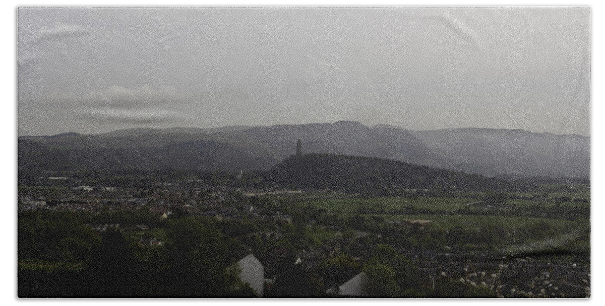 Action Beach Sheet featuring the photograph View of Wallace Monument and surrounding areas #9 by Ashish Agarwal