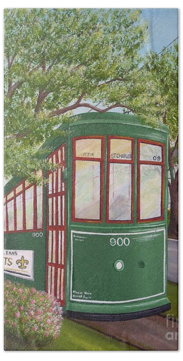 Streetcar Beach Towel featuring the painting 900 on the Avenue by Valerie Carpenter