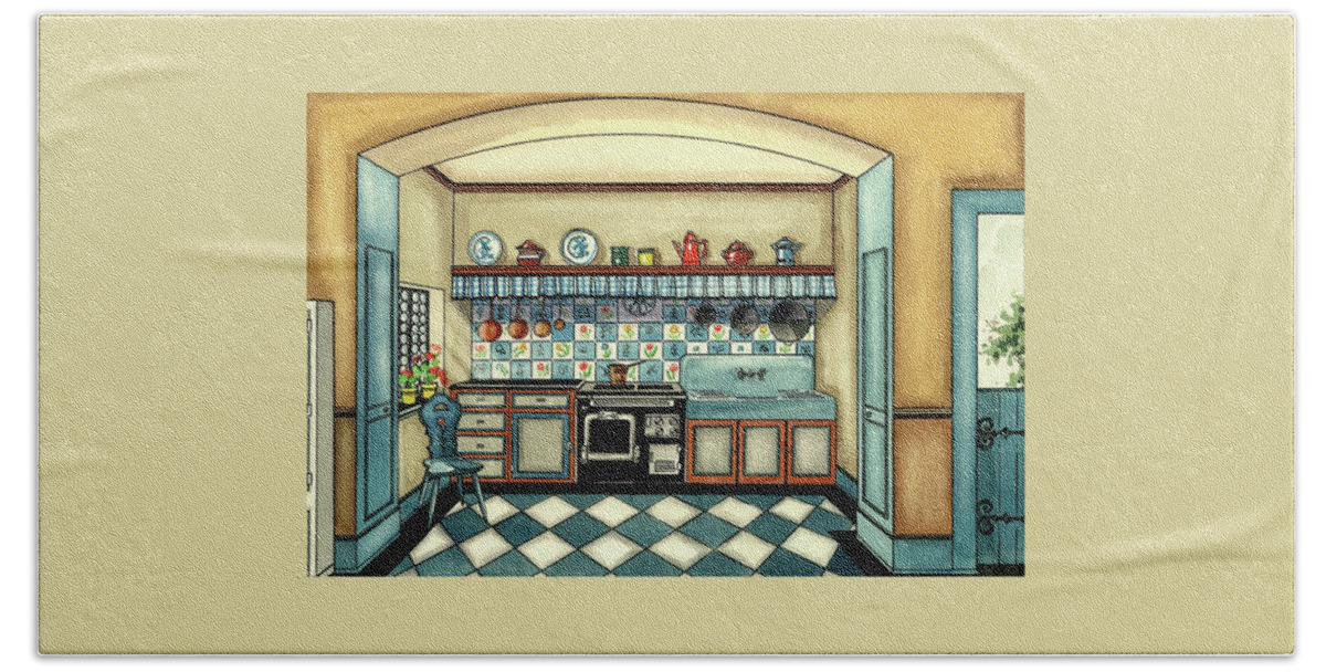 A Blue Kitchen With A Tiled Floor Beach Sheet