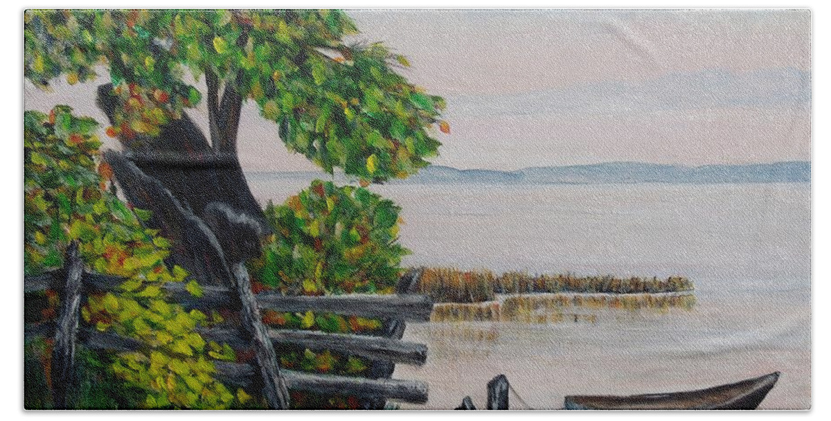 Canoe Beach Towel featuring the painting A boat waiting 2 by Marilyn McNish