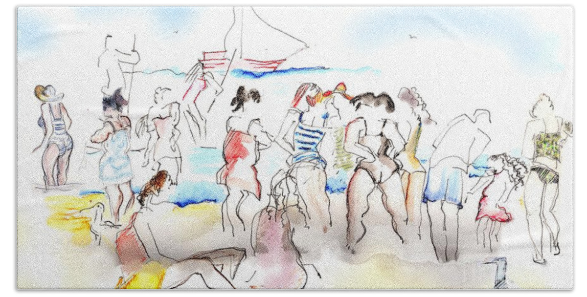 Beach Beach Sheet featuring the painting A Busy Day at the Beach by Carolyn Weltman