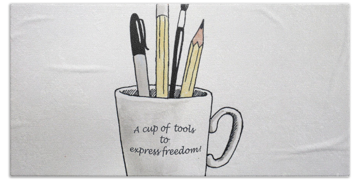 Christopher Shellhammer Beach Towel featuring the drawing A cup of tools to express freedom by Christopher Shellhammer