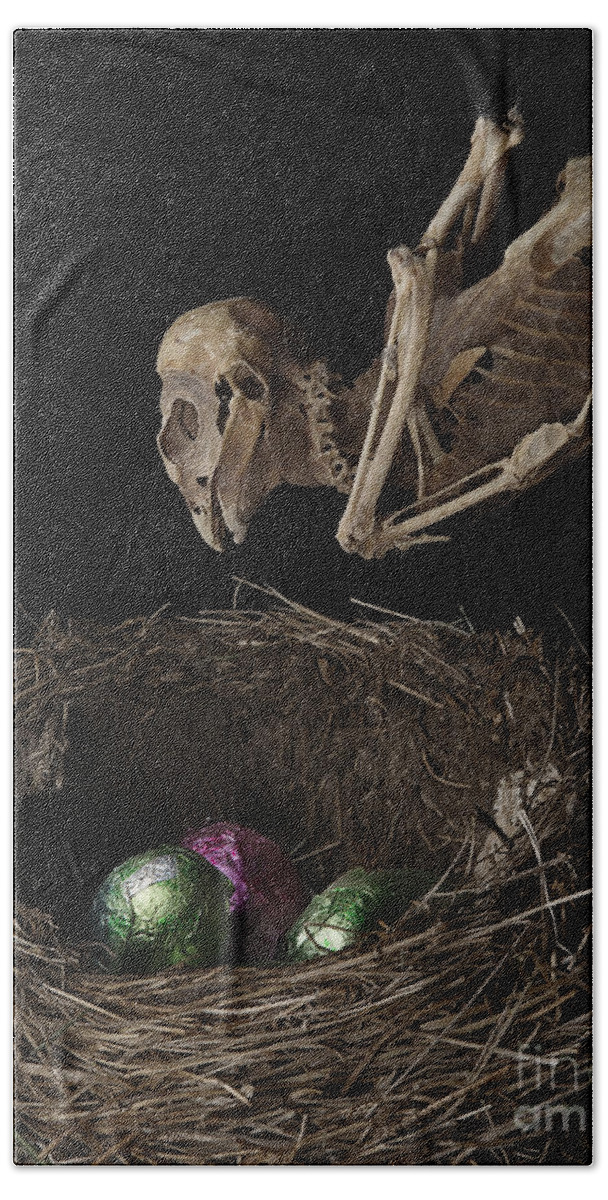 Easter Beach Sheet featuring the photograph A Dead Bird Flies Into Its Nest Only To Find Chocolate Eggs by Art Whitton