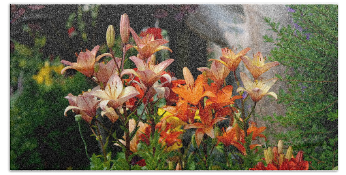 Lillies Beach Towel featuring the photograph A Garden of Lillys for Susan by Kathy Paynter