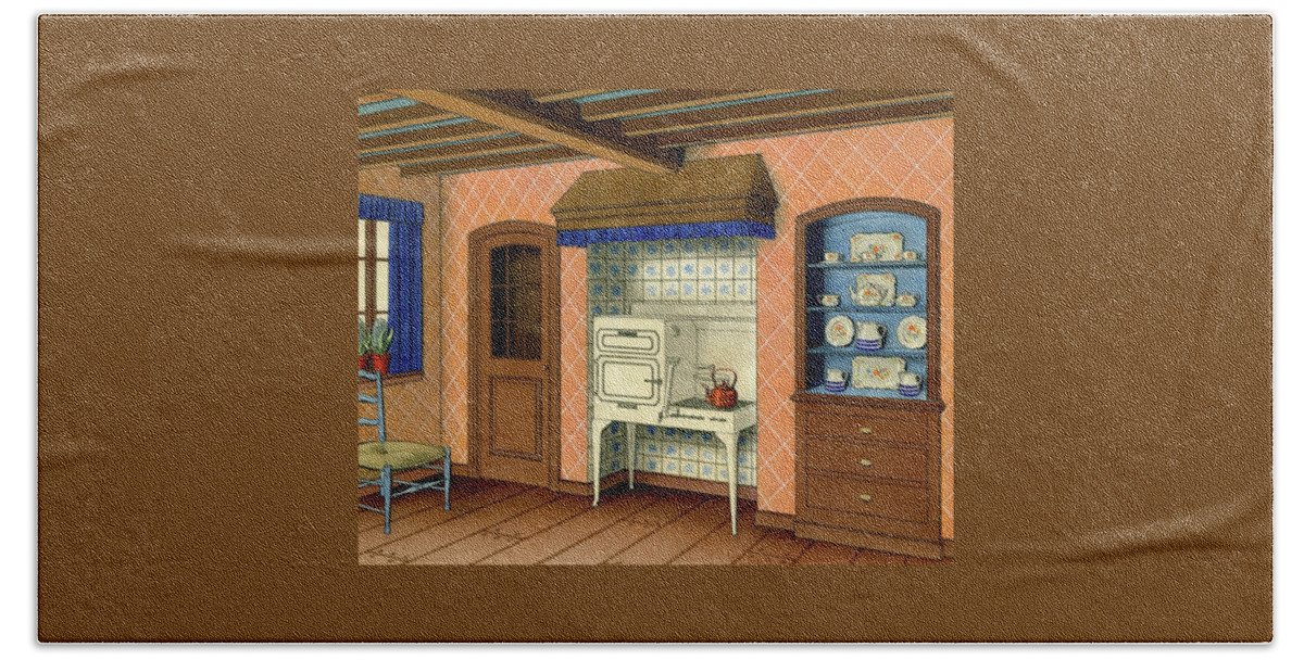 A Kitchen With An Old Fashioned Oven And Stovetop Beach Towel