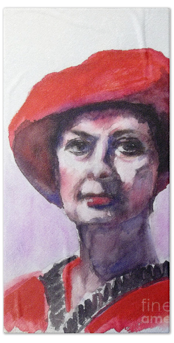 Portrait Beach Towel featuring the painting A Lady In Red by Yoshiko Mishina