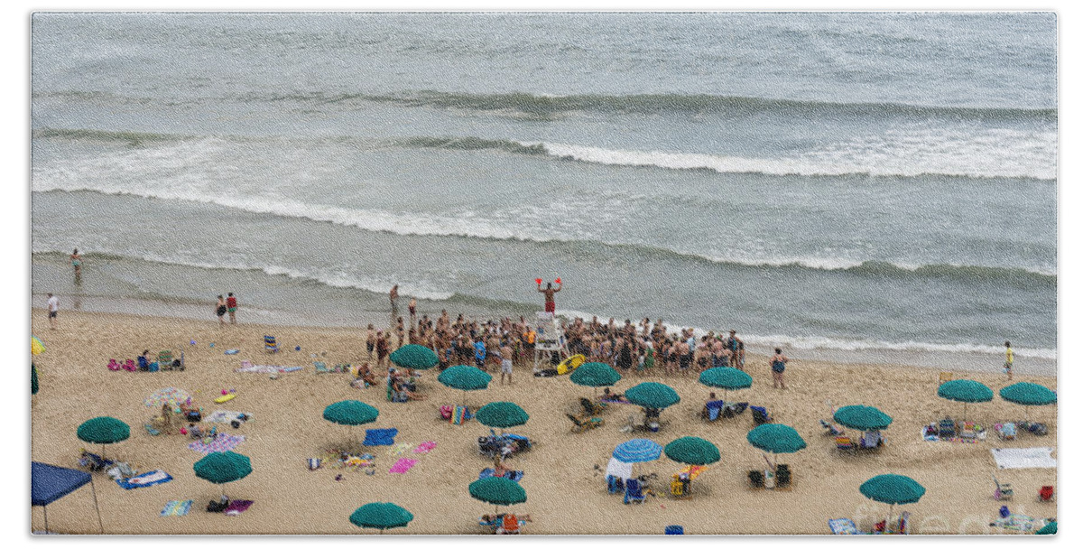 Atlantic Beach Towel featuring the photograph A lifeguard gives a safety briefing to beachgoers in Ocean City Maryland by William Kuta