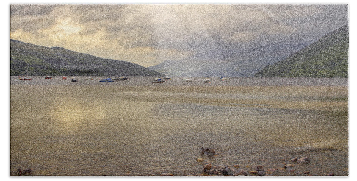 Scotland Beach Towel featuring the photograph A Loch Tay Sunset - Scotland - Boats by Jason Politte