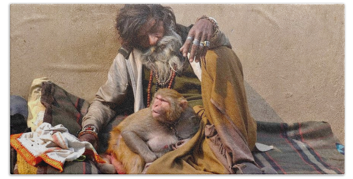 Portrait Beach Towel featuring the photograph A Man and His Monkey - Varanasi India by Kim Bemis