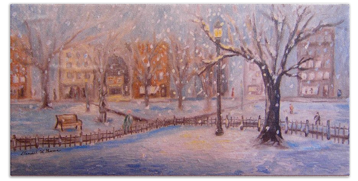 Snow Beach Towel featuring the painting A short cut through the park by Daniel W Green