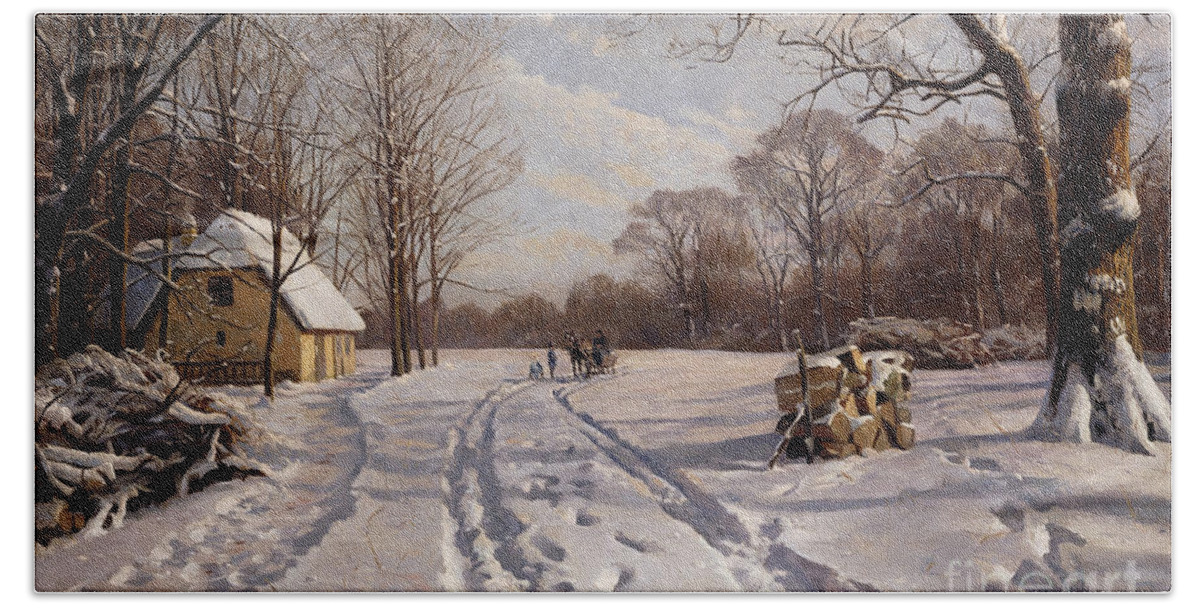 Danish Beach Towel featuring the painting A Sleigh Ride through a Winter Landscape by Peder Monsted