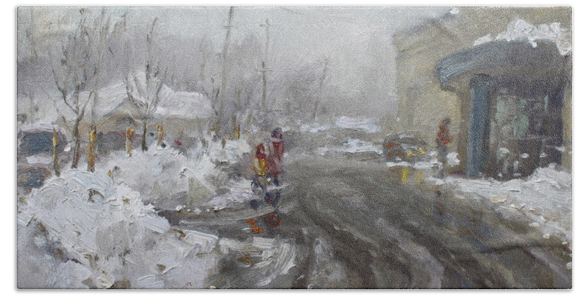 Snowfall Beach Towel featuring the painting A Snow Day at Mil-Pine Plaza by Ylli Haruni