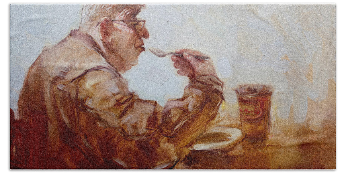 Tim Hortons Beach Towel featuring the painting A Soupe Break at Tim Hortons by Ylli Haruni