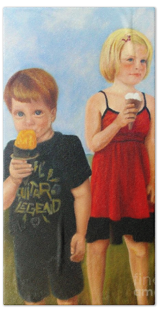 Boy & Girl Beach Towel featuring the painting A Summer's Day Treat by Marlene Book