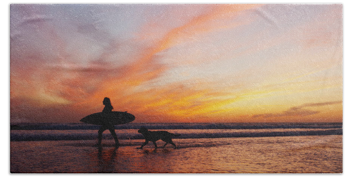 Horizon Beach Towel featuring the photograph A Surfer Walks In Shallow Water With by Ben Welsh