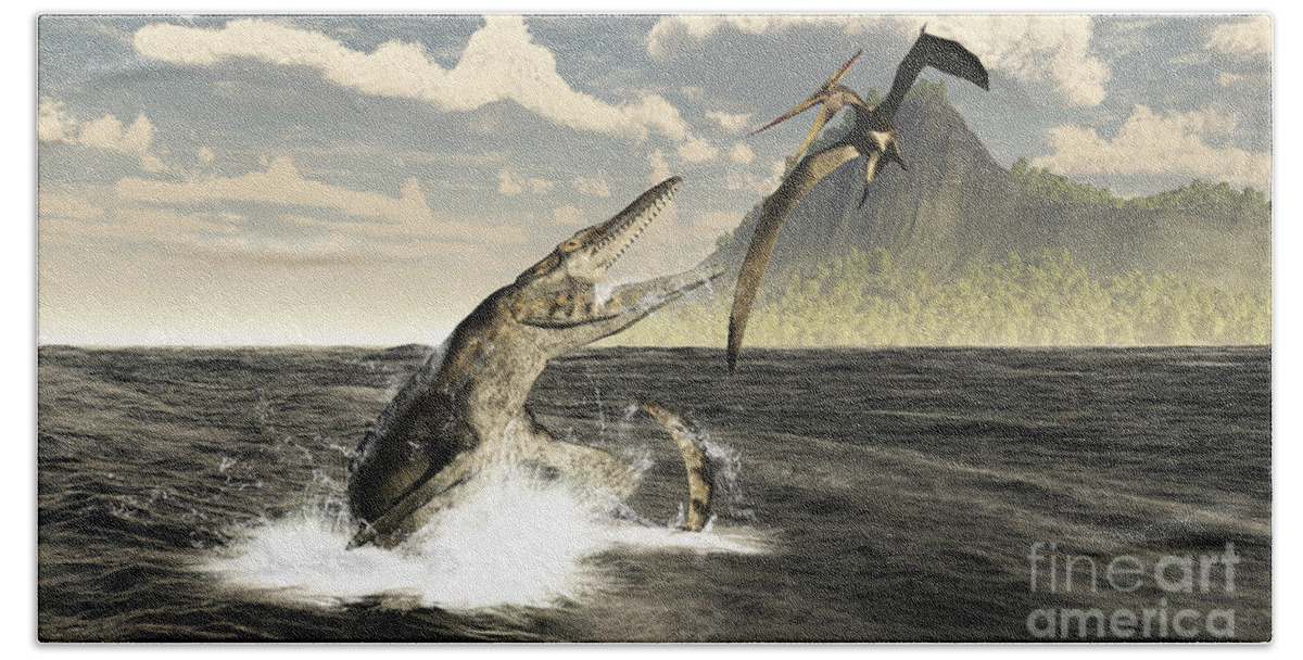 Extinct Beach Towel featuring the digital art A Tylosaurus Jumps Out Of The Water by Arthur Dorety