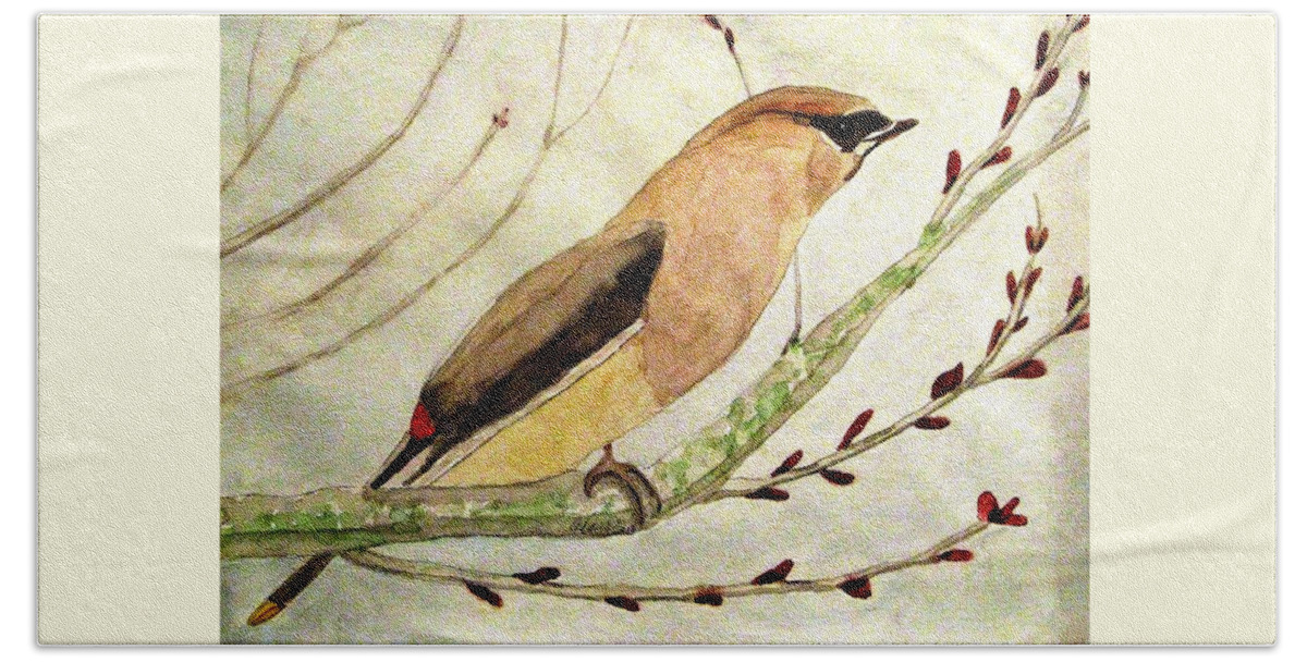 Waxwings Beach Towel featuring the painting A Waxwing In The Orchard by Angela Davies
