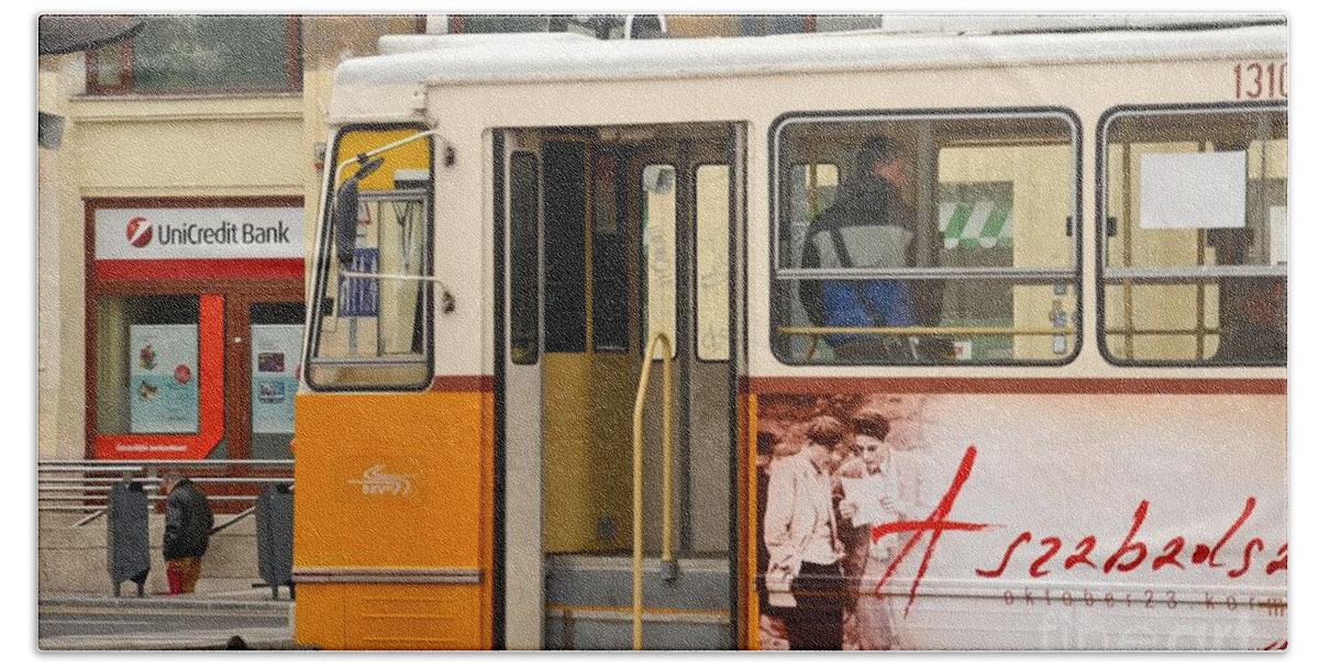 Tram Beach Towel featuring the photograph A yellow tram on the streets of Budapest Hungary by Imran Ahmed