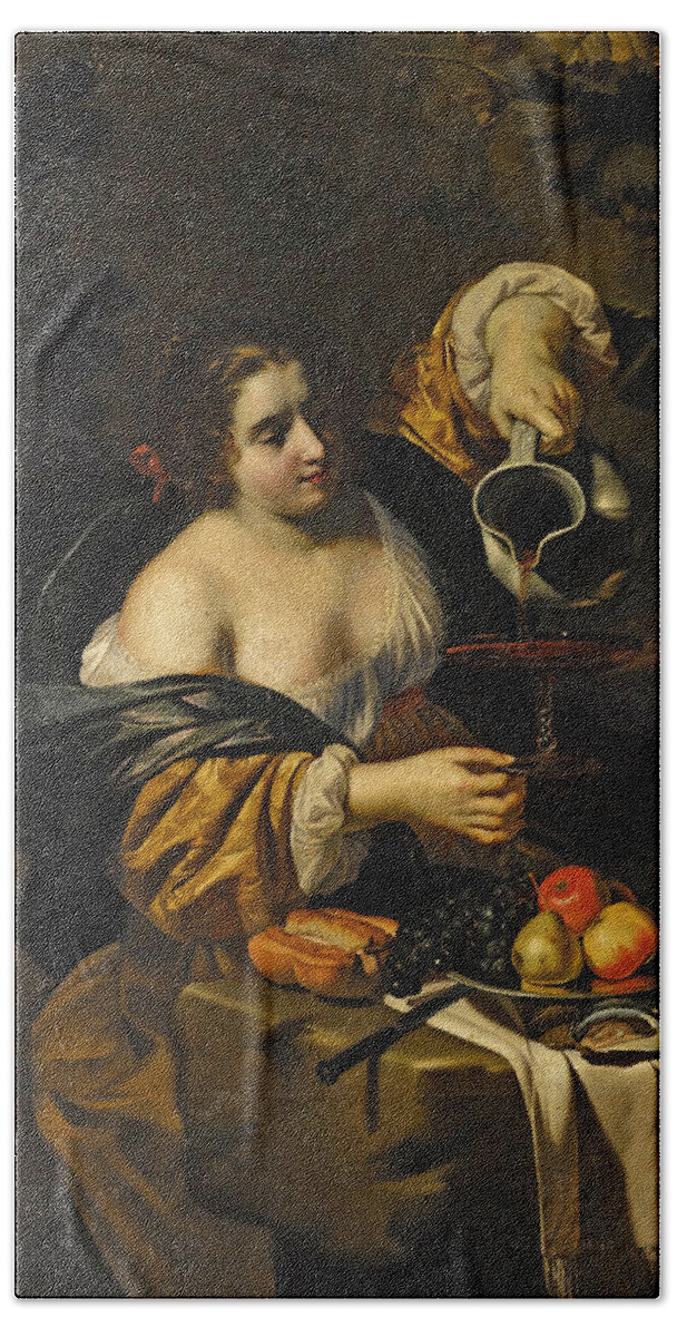 Nicolas Regnier Beach Towel featuring the painting A young woman pouring red wine from a pitcher into a glass by Nicolas Regnier