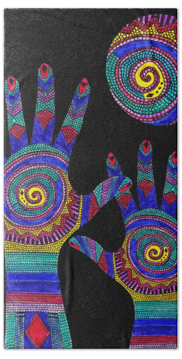 Aboriginal Hands To The Sun Beach Sheet featuring the drawing Aboriginal Hands to the Sun by Barbara St Jean