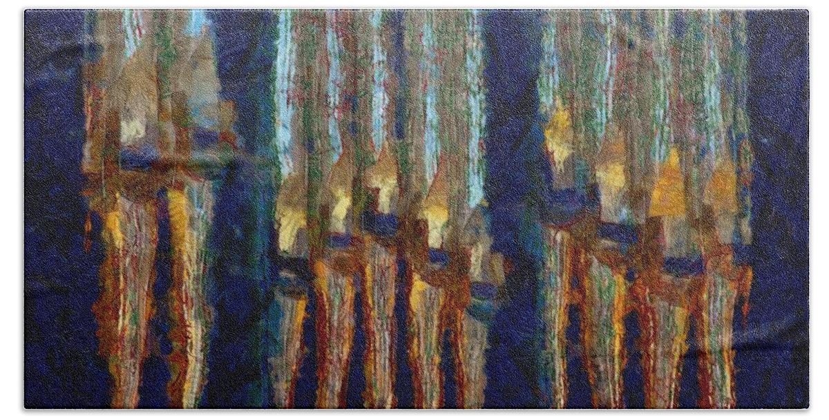Organ Beach Towel featuring the photograph Abstract blue and gold organ pipes by Jenny Setchell