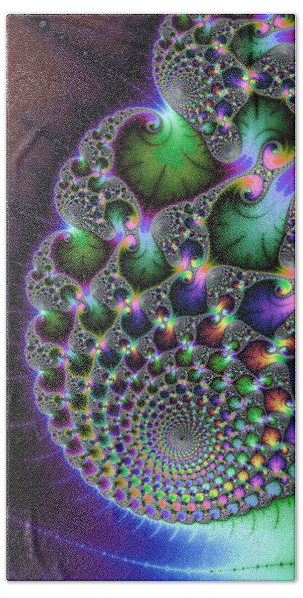 Fractal Beach Towel featuring the digital art Abstract fractal art green purple jewel colors square format by Matthias Hauser