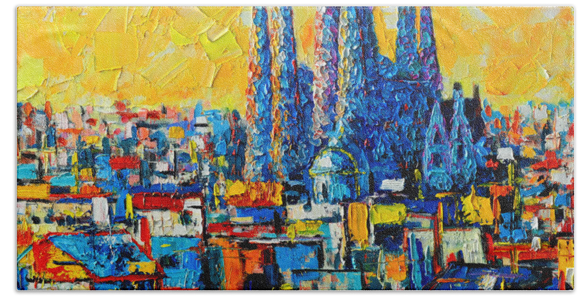 Barcelona Beach Towel featuring the painting Abstract Sunset Over Sagrada Familia In Barcelona by Ana Maria Edulescu
