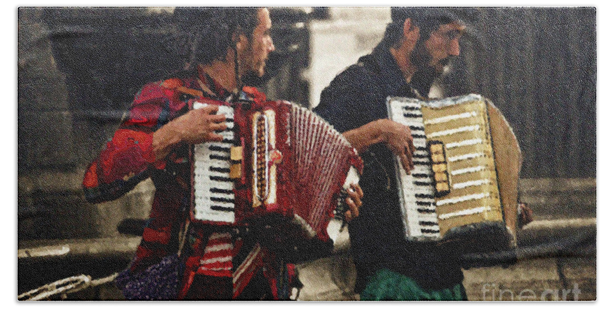 Accordion Players In The Plaza Beach Towel featuring the digital art Accordion Players in the Plaza by Mary Machare
