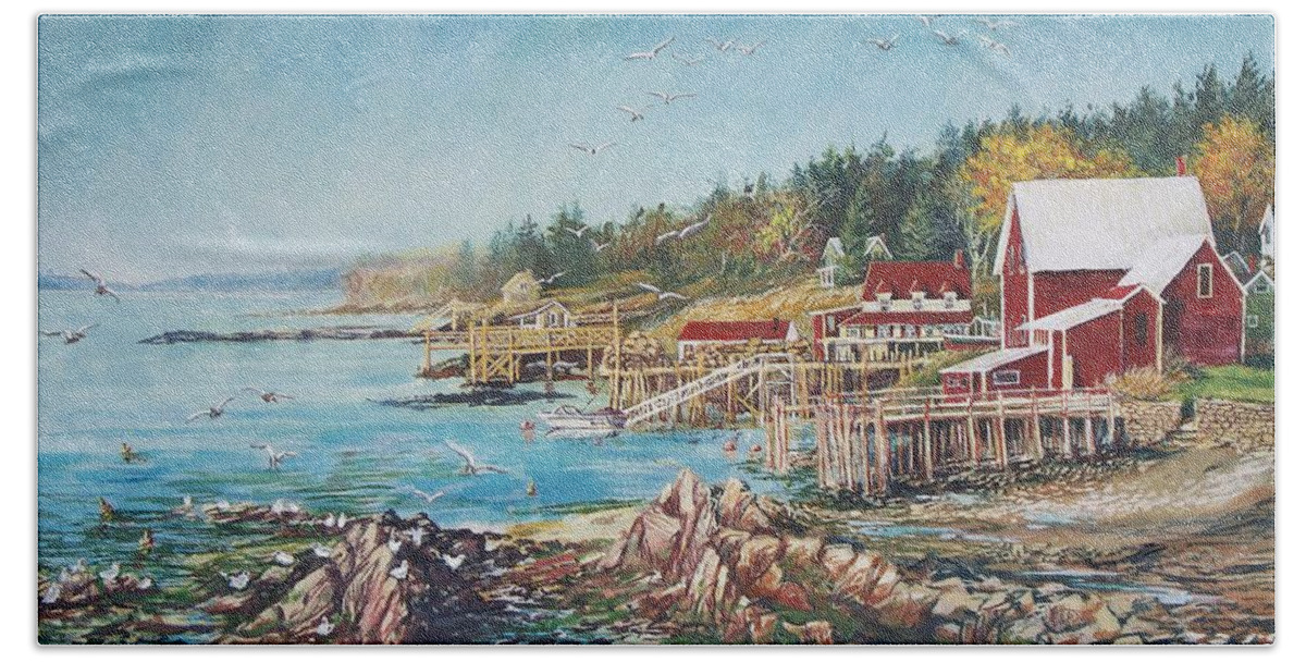  Seagulls Beach Towel featuring the painting Across the Bridge by Joy Nichols
