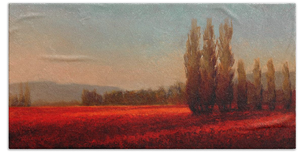 Skagit Beach Towel featuring the painting Across the Tulip Field - Horizontal Landscape by K Whitworth