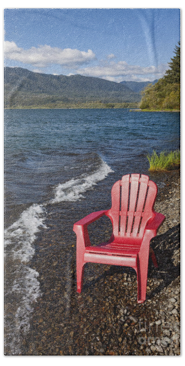 Adirondack Chair Beach Towel featuring the photograph Adirondack Chair by Lake by Bryan Mullennix