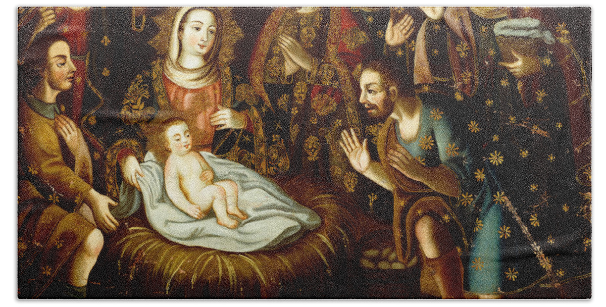 Nativity Beach Towel featuring the painting Adoration of the Sheperds by Gaspar Miguel de Berrio