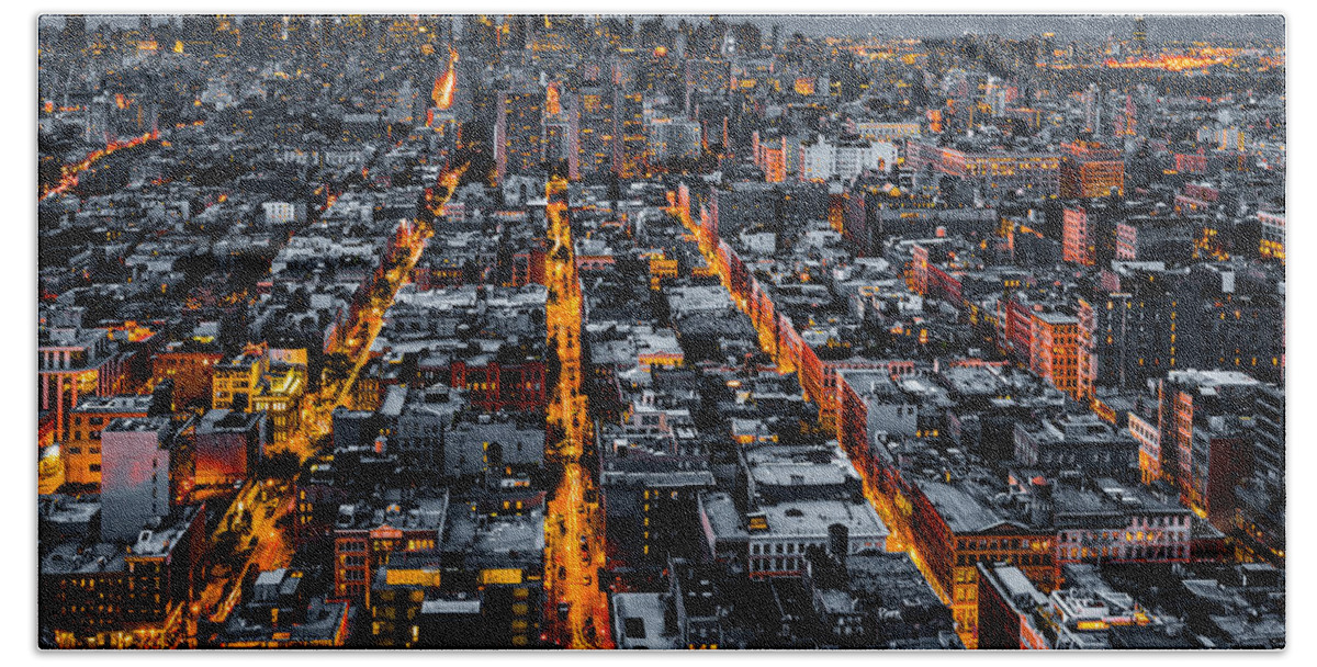 Aerial Beach Sheet featuring the photograph Aerial view of New York City at night by Mihai Andritoiu