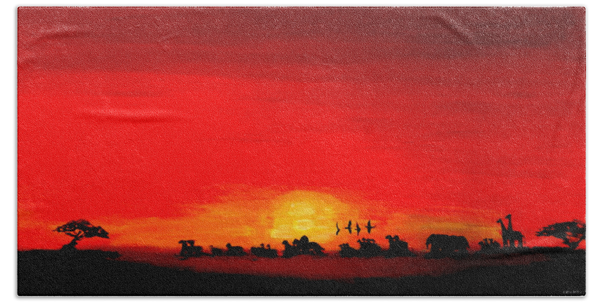 Africa Beach Towel featuring the painting Africa Sunrise Landscape Red by Katy Hawk